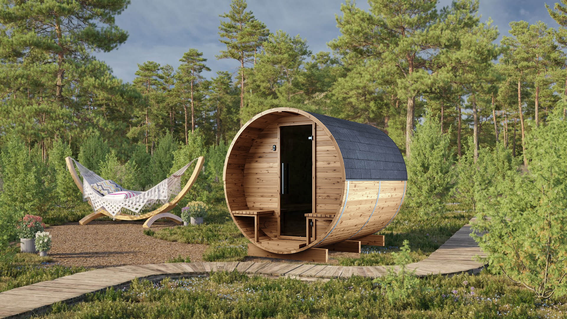 Auroom Luma barrel sauna with integrated porch