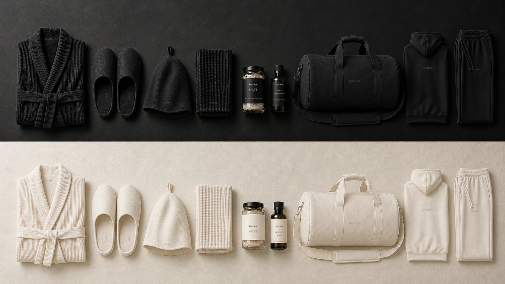 Black and off-white SAUNA. Essentials complete sets