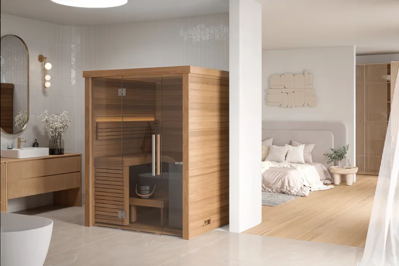 A glass-fronted sauna between bath and bedroom