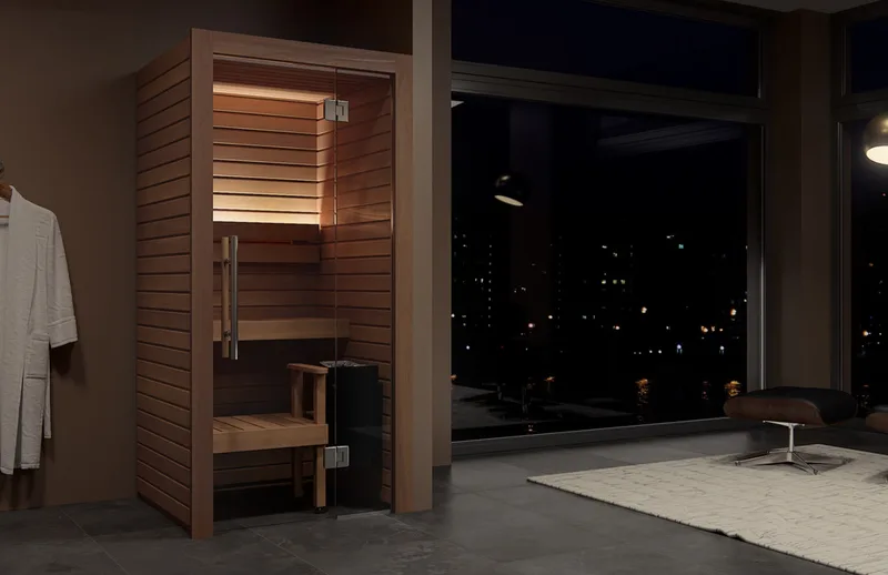 Warm sauna light within an interior after dark