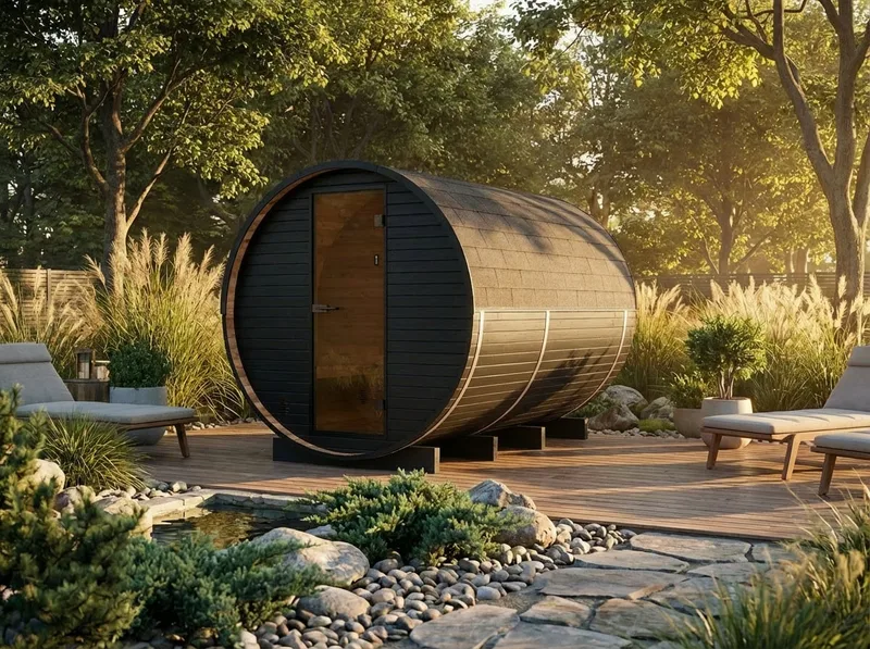 Auroom Halo barrel sauna in an outdoor setting