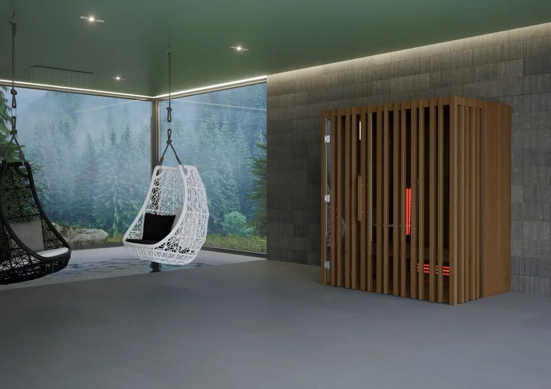 Irradia infrared cabin in a calm spa room overlooking the forest