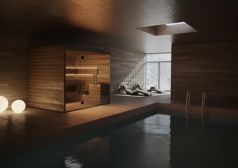 Lumina L indoor sauna beside a dark indoor pool