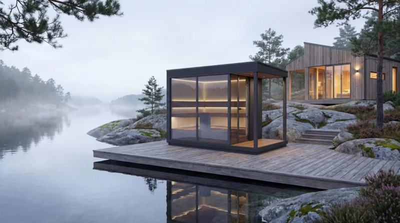 Quu outdoor sauna on a quiet waterside deck beside a timber home