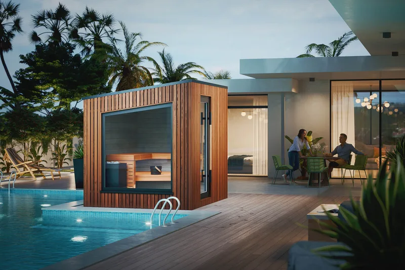 Terra modular outdoor sauna beside a pool