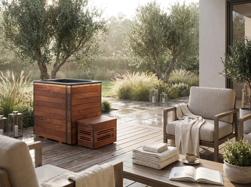Auroom VelEira cold plunge on a timber terrace beside olive trees