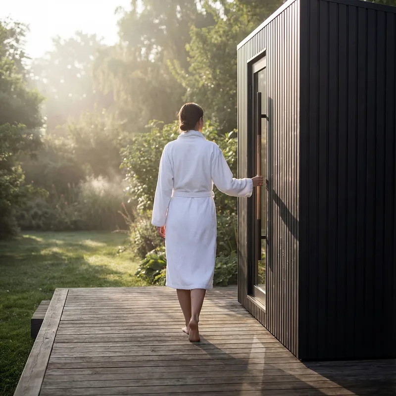 A figure approaching a dark garden sauna