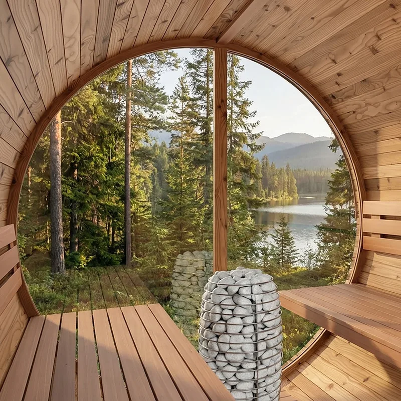 Forest and water framed by a round sauna window