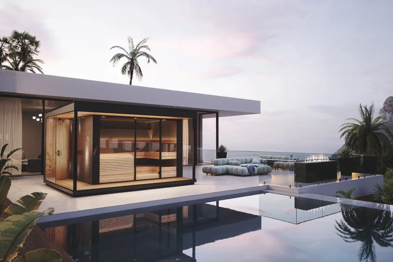 An outdoor shower and sauna on a villa terrace