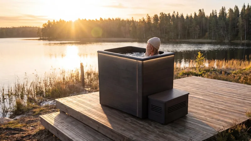 Cold water at sunset on a lakeside deck